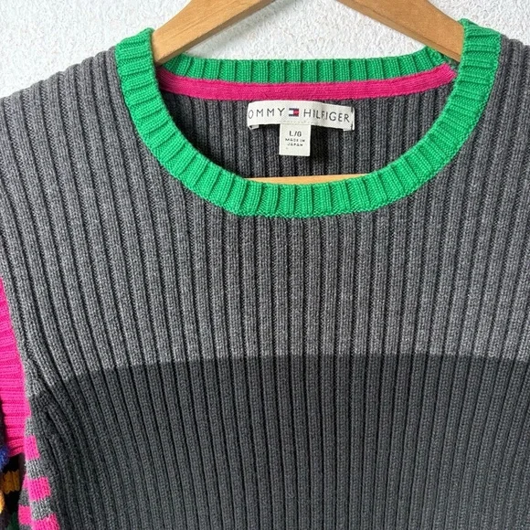 Tommy Hilfiger Japan Sweater L, Stripe Rings, rib knit, Y2K Shrunken Logo, 2000s - Picture 3 of 14